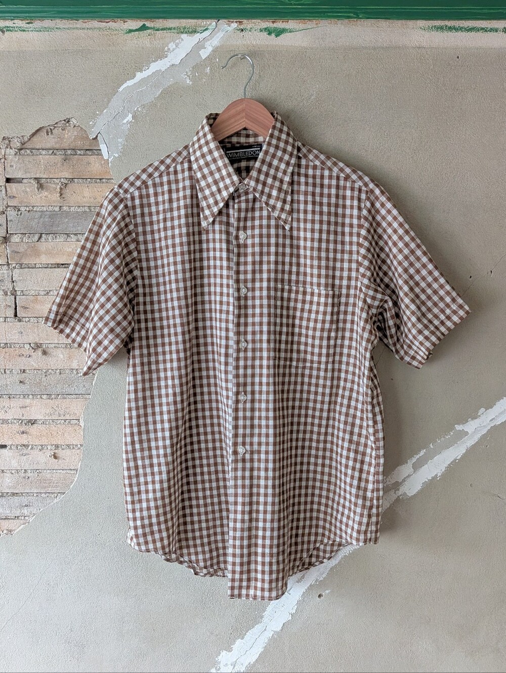 Vintage Brown and White Gingham Short Sleeve Button-Up Shirt